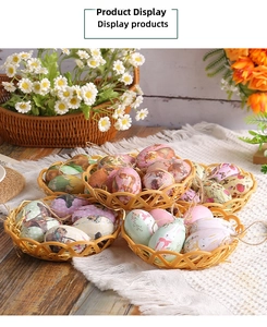 Detailed view of Easter eggs with floral patterns in a woven basket on a rustic table