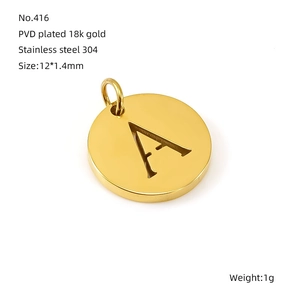 Macro shot of 18k gold plated stainless steel letter A pendant with tech specs