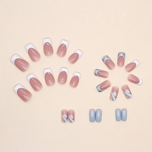 Blue flower French press-on nails with white tips and silver glitter in square shape