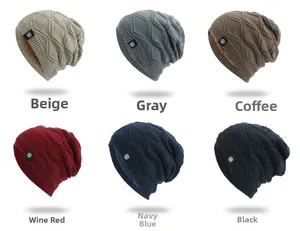 Multiple colors of double-layered knit beanies with fleece lining and H-logo leather patch