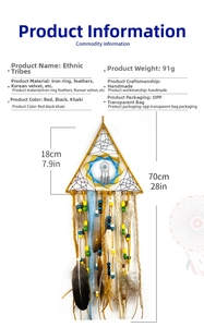 Detail showing dimensions of the handmade triangle dreamcatcher with colorful feathers