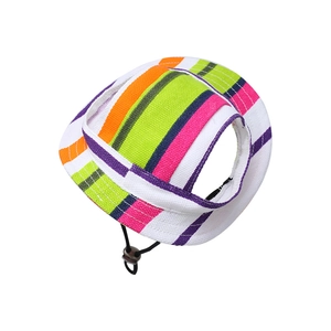 Close-up of colorful striped canvas pet sun hat with adjustable cord and ear holes