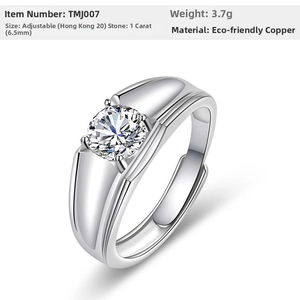 Detailed specs of adjustable silver-tone ring with a 1ct round cubic zirconia stone