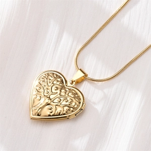 Golden heart locket necklace with Tree of Life engraving and sleek snake chain