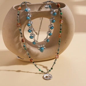 Bohemian stainless steel necklace with sun moon pendant and turquoise stone beads