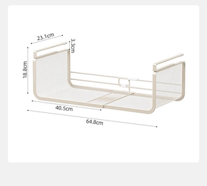 Scalable beige metal mesh under-shelf basket with detailed size dimensions