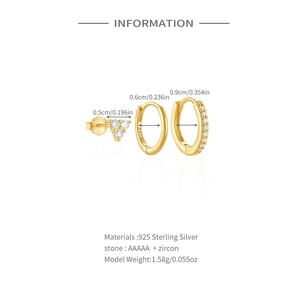 Detailed spec sheet showing S925 sterling silver gold hoop earrings with AAAAA zircon stones