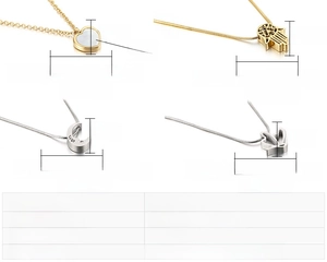Size chart showing dimensions for heart, moon, and tulip necklaces with stainless steel specs