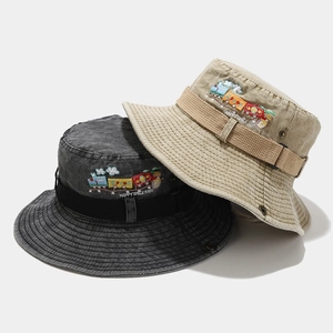 Washed cotton kids bucket hats with train embroidery and adjustable chin strap
