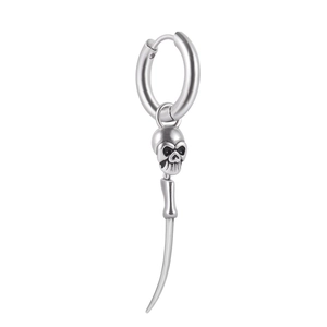 Gothic stainless steel hoop earring featuring a 3D skull and long curved spike pendant