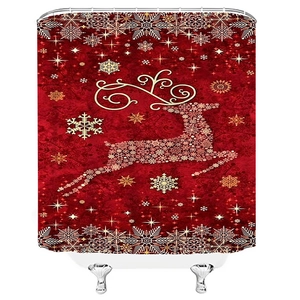 Christmas shower curtain featuring festive red background with golden elk and snowflakes