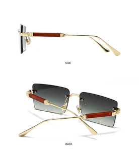 Seiten- und Rückansicht der randlosen rechteckigen Sonnenbrille mit Goldrahmen und Holzbügeln