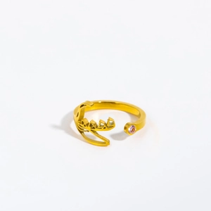 Arabic calligraphy gold ring with pink zircon birthstone and open adjustable band