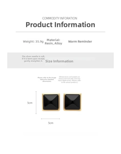 Detail showing resin pyramid stud earrings with 5cm dimensions and 35.9g weight specs