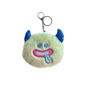 Cute green monster plush coin purse keychain with blue horns and star embroidery
