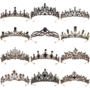 Vintage Baroque Crown Tiara Black Rhinestone Alloy Gothic Wedding Party Queen Costume Headpiece