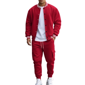 Front view of men's red varsity jacket and joggers set with white stripe details
