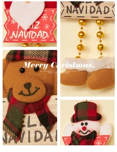 Detail of Christmas beaded plush pendant featuring Santa Claus and snowman with beads