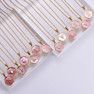 18k gold plated stainless steel hexagonal pendant necklace with pink shell letters N-Z