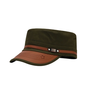 Olive canvas cadet cap with brown faux leather brim and metal rivet buckle detail