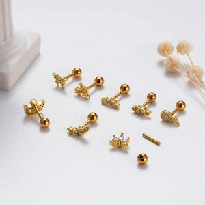 8-piece gold butterfly and wing stainless steel stud earrings set with zircon stones