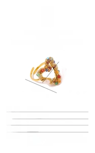 Detail of gold heart ring with freshwater pearl and multi-color beads on stainless steel