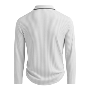 Back view of a white long-sleeve polo shirt showing the detailed ribbed knit fabric texture