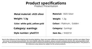 Specifications of S925 silver earrings with zircon, 1.3g weight in platinum and gold finish