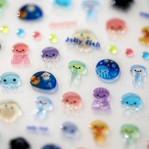Cute cartoon jellyfish nail art stickers with clear jelly texture and colorful summer designs
