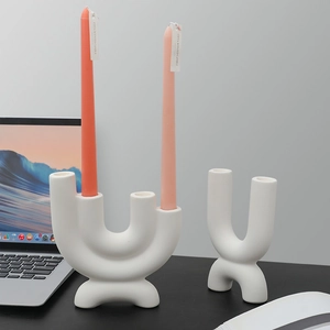 Modern white matte ceramic geometric candle holder set with elegant U-shaped art design