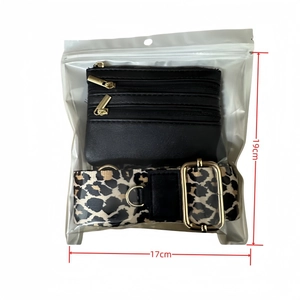 Black zipper coin purse with leopard print strap in 19x17cm packaging for phones
