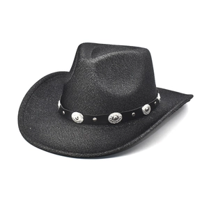 Classic black Western cowboy hat with vintage silver metal emblems and faux leather band
