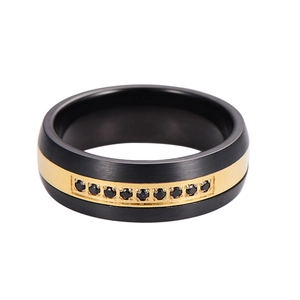 Modern men's tungsten ring in brushed black with gold stripe and black cubic zirconia stones