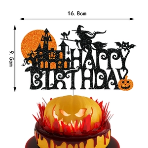 Halloween Happy Birthday cake topper with black glitter castle and witch silhouette