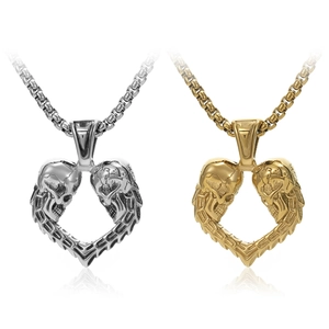 Collier Pendentif Cœur Crâne Acier Inoxydable Crânes Jumeaux Gothique Punk Rétro Rock Bijou Cadeau Pour Hommes Femmes