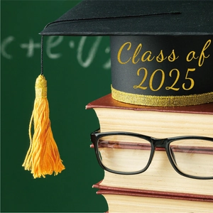 Glitter Class of 2025 stickers on a graduation cap with yellow tassel and glasses