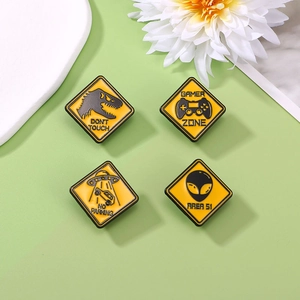 Funny Yellow Warning Sign Alloy Enamel Brooches Creative Dinosaur Alien UFO Gamer Pins For Backpack Clothing Accessories