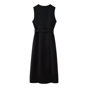Detailed view of black sleeveless dress waistline with matching fabric belt