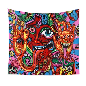 Psychedelic bohemian wall tapestry with colorful surreal art motifs for room decoration