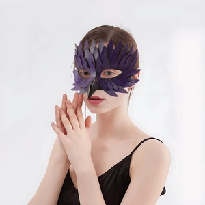 Handcrafted purple leather bird half-mask with layered feather texture for masquerade parties