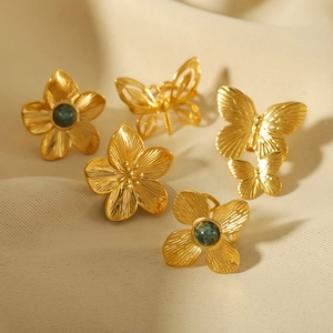18k gold plated stainless steel flower and butterfly open rings with green turquoise
