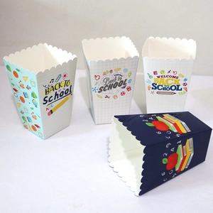 Back to School themed paper popcorn boxes with colorful pencils and apple patterns