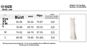 Detailed size guide for lace slip dress showing measurements for XS S M and L sizes