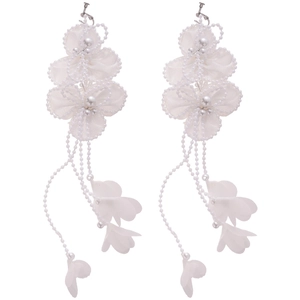 Elegant white chiffon flower petal tassel earrings with delicate pearl accents for women