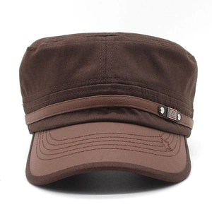 Deep brown cotton cadet cap with leather brim and FS FASHION metal plate on side