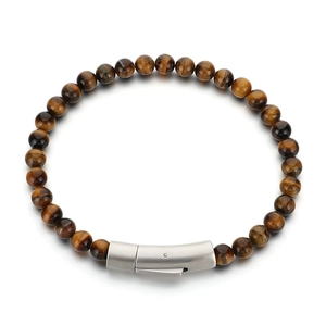 Tiger eye natural stone beaded bracelet for men with stainless steel magnetic clasp