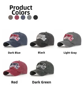 Detailed view showing vintage washed cotton texture and embroidered patches on baseball caps