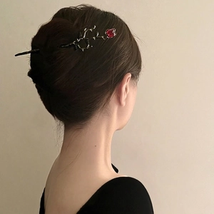 Gothic vintage metal rose hair pin in black and red for elegant updo hairstyles