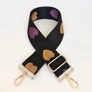 Detail of jacquard heart pattern on wide nylon strap with golden lobster clasps