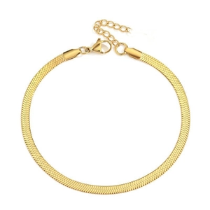 Elegant gold flat snake bone chain anklet with lobster clasp on white background